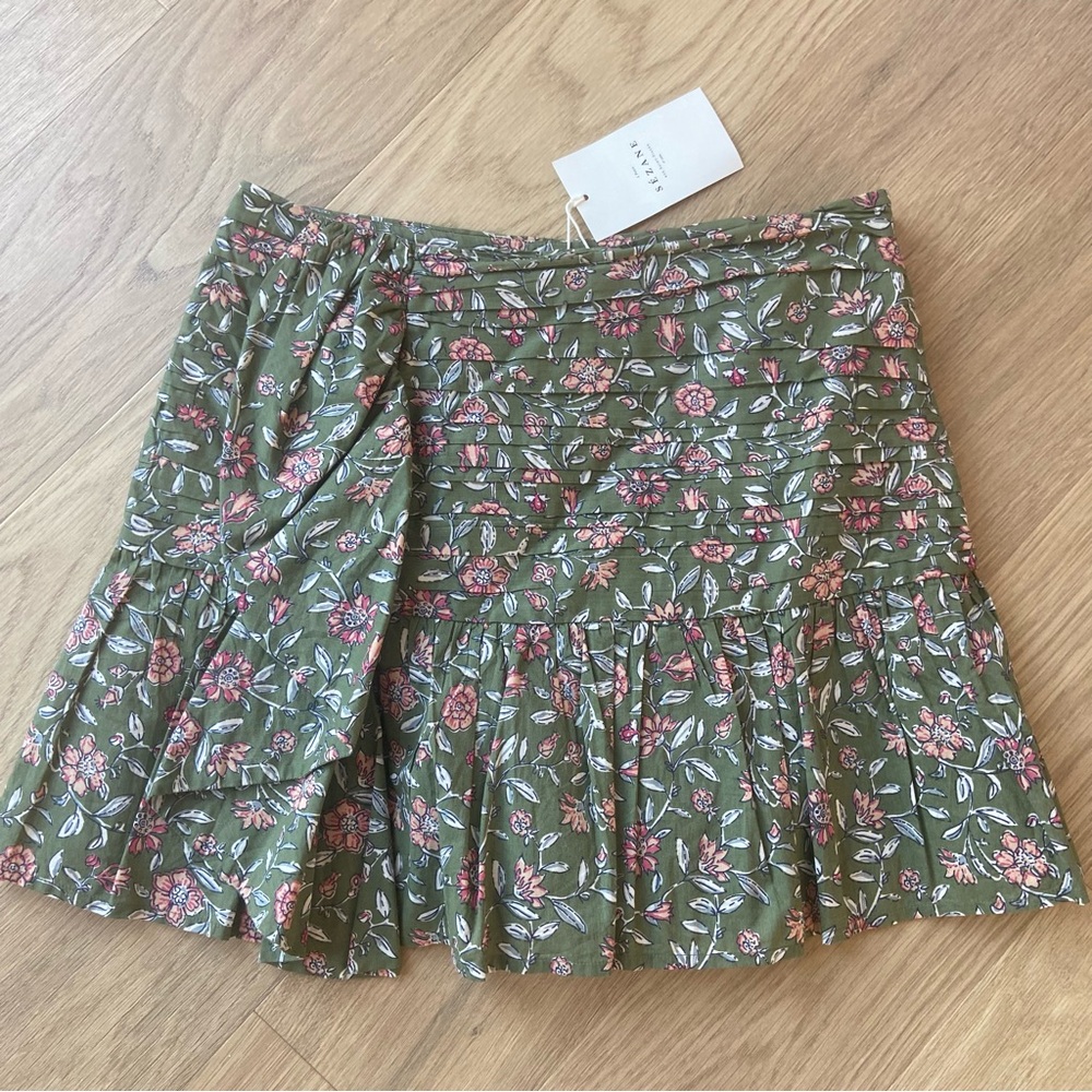 Sézane Green Floral Cotton Ruffle Short Skirt Mini EU42 US 10 Cottage Boho NWT